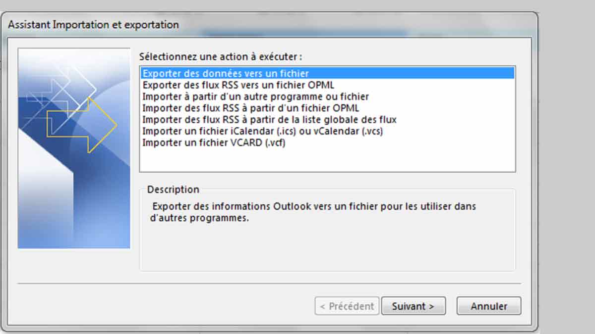 Outlook : exporter-donnees vers un fichier
